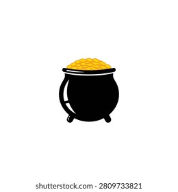 A black cauldron filled to the brim with gleaming gold coins, symbolizing great fortune, treasure, and luck associated with festive cultural celebrations.