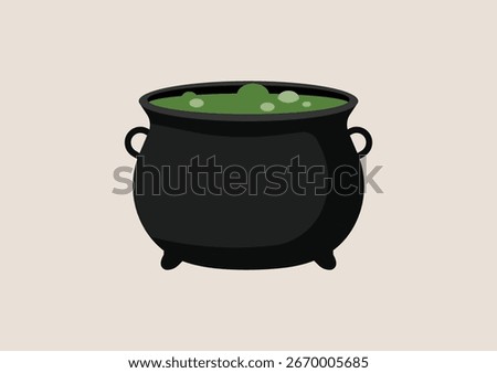 Black cauldron filled with bubbling green liquid, witch potion boiling for Halloween spooky magic decoration, vector flat illustration