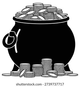 Black cauldron filled with gold coins on white background icon