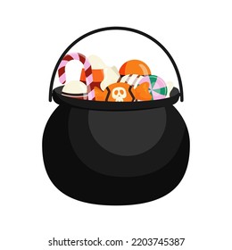 Black cauldron full of treats, candies. Halloween October pot with sweets, lollipops. Flat vector illustration isolated on white background