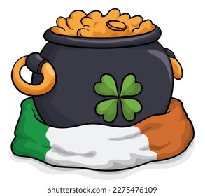 Black cauldron with gilt handles and gold coins over Irish flag in cartoon style.