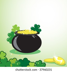 A black cauldron of gold surrounded by clovers.