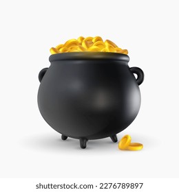 Black cauldron with golden money in realistic 3d style on white background. Saint Patricks Day design element. Magic lucky kettle or pot. Vector illustration.