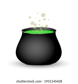 Black cauldron with green poison and rising bubbles. Design element on white isolated background.