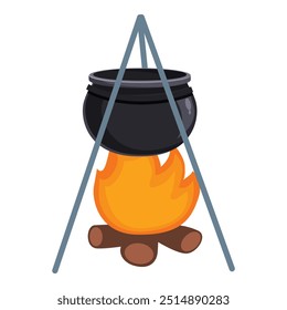 Black cauldron is hanging over a burning campfire on a tripod