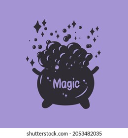 Black cauldron icon with magic for Halloween. Cute postcard in black on purple. Festive autumn elements for design. Vector illustration