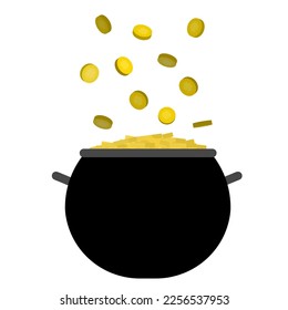 Black cauldron with money. Falling gold coins in cauldron for luck. St Patrick's Day. Vector illustration.