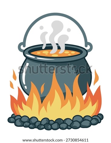 Black cauldron with orange and yellow flames and bubbling yellow stew a white background cooking