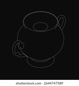 Black cauldron outlined in white stands stark against a dark background, resembling a teapot in this monochrome drawing. The high-contrast illustration features clean lines and a simple yet striking.