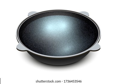 Black cauldron with water. Cast iron pot. Metallic saucepan. Vector illustration.