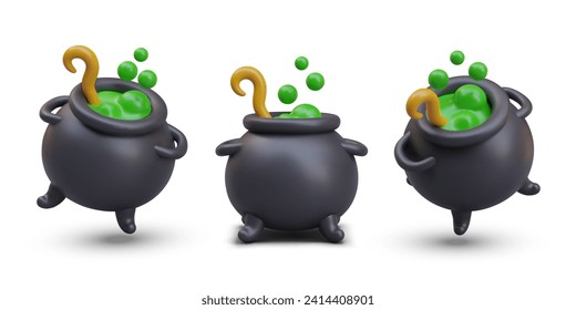 Black cauldron with witch potion and stirring spoon. Pot with green magical bubbling elixir. Set of realistic images in cartoon style. Vector model in vertical and tilted position