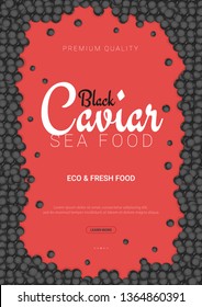 Black Caviar banner. Delicious seafood background. Caviar vector illustration. Natural and healthy luxury food. Design for fish menu. Vector Illustration