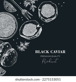 Black caviar canape with lemons and spices illustration on chalkboard. Seafood background design. Tinned fish dinner menu template in vintage style.