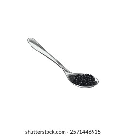 Black caviar on a spoon vector hand drawn illustration. Fresh roe heap from sturgeon or beluga fish. Sea food, natural delicacy product, healthy luxury gourmet dish color sketch isolated