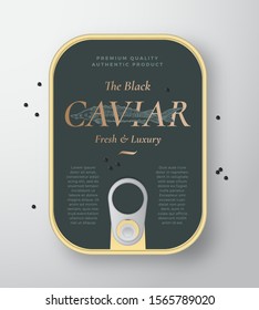 Black Caviar Seafood Vector Can Container with Label Cover Template. Sturgeon Fish Hand Illustration with Golden Retro Typography and Realistic Caviar Drops. Canned Packaging Design Layout. Isolated.
