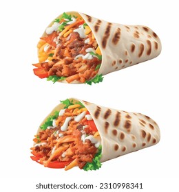 Black caviar Shawarma with chips in pita realistic 3D vector graphic isolated white background for menu