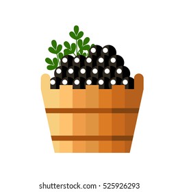 Black caviar in a wooden barrel isolated on white background. Roe icon logo vector illustration. Russian traditional snack. Caviare menu for restaurant.