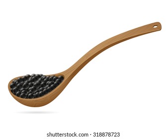 black caviar in wooden spoon vector illustration isolated on white background