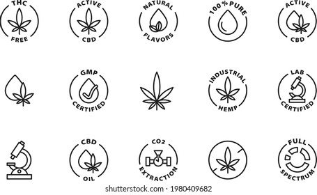 Black CBD Medical Marijuana Ganja Rounded Badge Outline Label Icon Set On Transparent Background