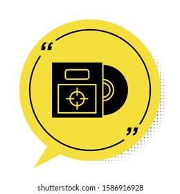 Black CD or DVD disk in box icon isolated on white background. Compact disc sign. Yellow speech bubble symbol. Vector Illustration