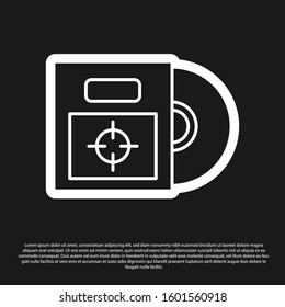 Black CD or DVD disk in box icon isolated on black background. Compact disc sign.  Vector Illustration