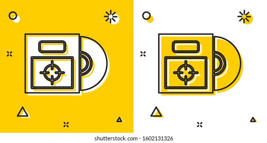 Black CD or DVD disk in box icon isolated on yellow and white background. Compact disc sign. Random dynamic shapes. Vector Illustration