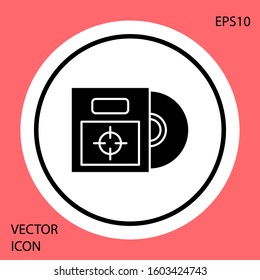 Black CD or DVD disk in box icon isolated on red background. Compact disc sign. White circle button. Vector Illustration