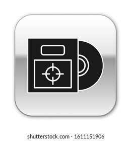 Black CD or DVD disk in box icon isolated on white background. Compact disc sign. Silver square button. Vector Illustration