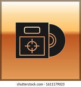 Black CD or DVD disk in box icon isolated on gold background. Compact disc sign.  Vector Illustration