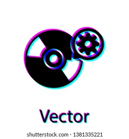 Black CD or DVD disk and gear icon isolated on white background. Adjusting app, service concept, setting options, maintenance, repair, fixing. Vector Illustration