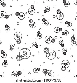 Black CD or DVD disk and gear icon isolated seamless pattern on white background. Adjusting app, service concept, setting options, maintenance, repair, fixing. Vector Illustration