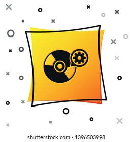 Black CD or DVD disk and gear icon isolated on white background. Adjusting app, service concept, setting options, maintenance, repair, fixing. Yellow square button. Vector Illustration