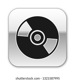 Black CD or DVD disk icon isolated on white background. Compact disc sign. Silver square button. Vector Illustration