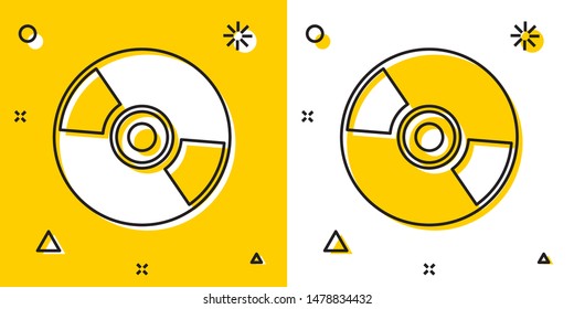 Black CD or DVD disk icon isolated on yellow and white background. Compact disc sign. Random dynamic shapes. Vector Illustration