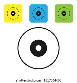Black CD or DVD disk icon isolated on white background. Compact disc sign. Set icons colorful square buttons. Vector Illustration