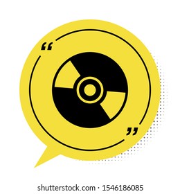 Black CD or DVD disk icon isolated on white background. Compact disc sign. Yellow speech bubble symbol. Vector Illustration