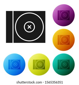 Black CD or DVD disk icon isolated on white background. Compact disc sign. Set icons colorful circle buttons. Vector Illustration