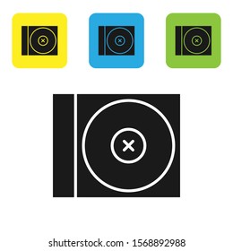 Black CD or DVD disk icon isolated on white background. Compact disc sign. Set icons colorful square buttons. Vector Illustration