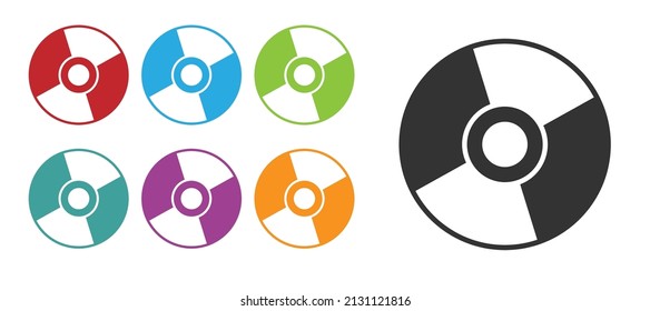 Icono de disco de CD o DVD negro aislado en fondo blanco. Firma de disco compacto. Indique los iconos en colores. Ilustración vectorial
