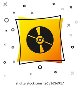 Black CD or DVD disk icon isolated on white background. Compact disc sign. Yellow square button. Vector