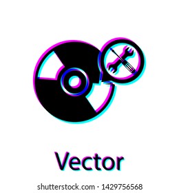Black CD or DVD disk with screwdriver and wrench icon isolated on white background.  