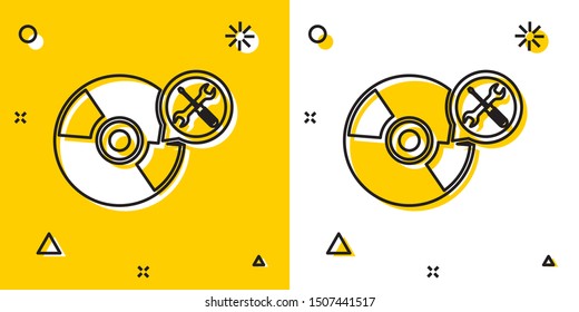 Black CD or DVD disk with screwdriver and wrench icon isolated on yellow and white background. Adjusting, service, setting, maintenance, repair, fixing. Random dynamic shapes. Vector Illustration