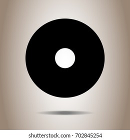 Black CD icon, vector illustration flat design style isolated on brown background with shadow