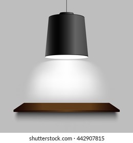 Black ceiling lamp with shelf on the wall