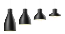 Black Ceiling Light Shade In Different Shapes And Sizes. Metal Pendant Lamp Vector Illustration, Isolated On White Background.