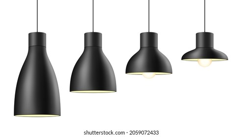 Black ceiling light shade in different shapes and sizes. Metal pendant lamp vector illustration, isolated on white background.