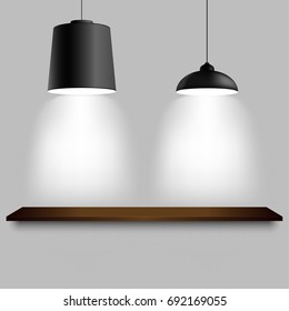 Black ceiling two different lamps with shelf template