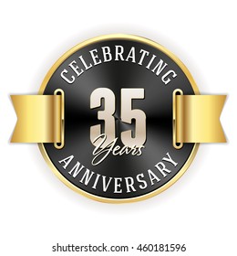 Black celebrating 35 years badge, rosette with gold border and ribbon