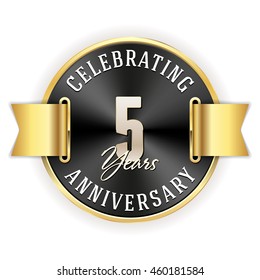 Black celebrating 5 years badge, rosette with gold border and ribbon