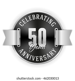 Black celebrating 50 years badge, rosette with silver border and ribbon